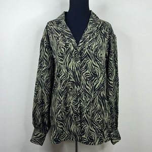 MAVERICK Tropical Green Black Button Down Blouse M